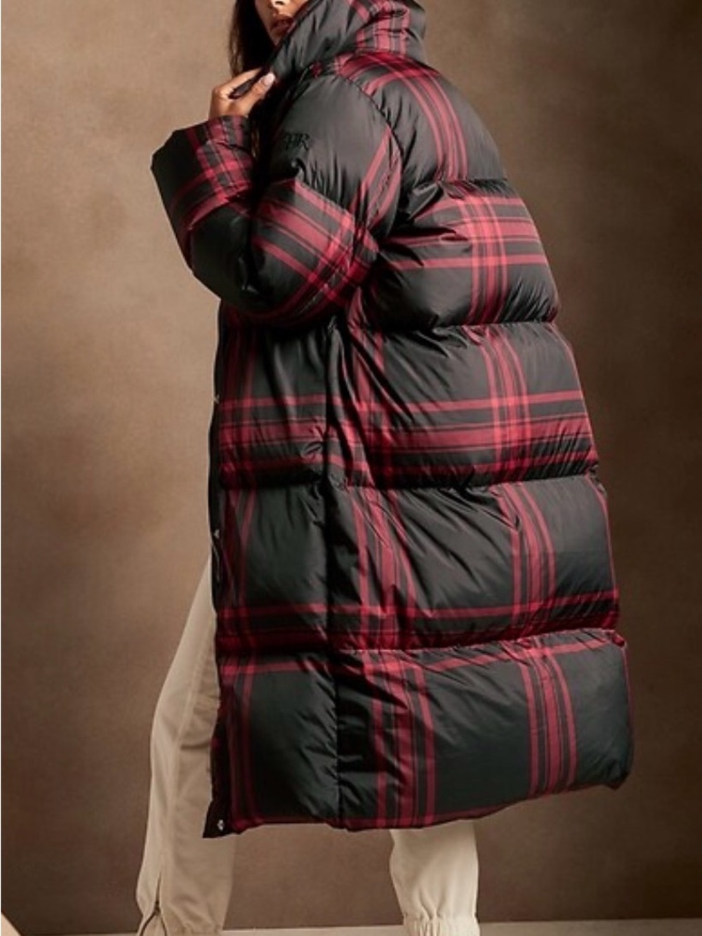 Banana Republic Black and Red Plaid Puffer Coat